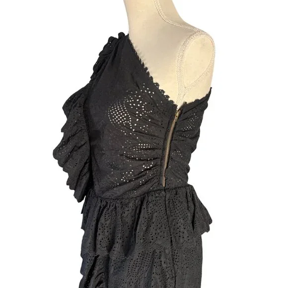 Ulla Johnson Twyla Dress in noir black size 8 one shoulder cotton eyelet midi 6 - Picture 5 of 11